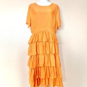 Pink Desert Orange Tiered Ruffled Short Sleeves Dress